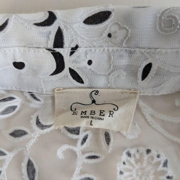Ember Mesh Lace Pearl Button Up A-line Blouse ¾ Sleeves White Black Floral sz L - Picture 8 of 13
